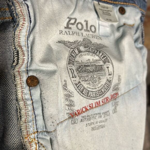 Polo Ralph Lauren Jeans Mens 32x32 Varick Slim Straight Blue Denim Jeans Distres - Picture 5 of 12